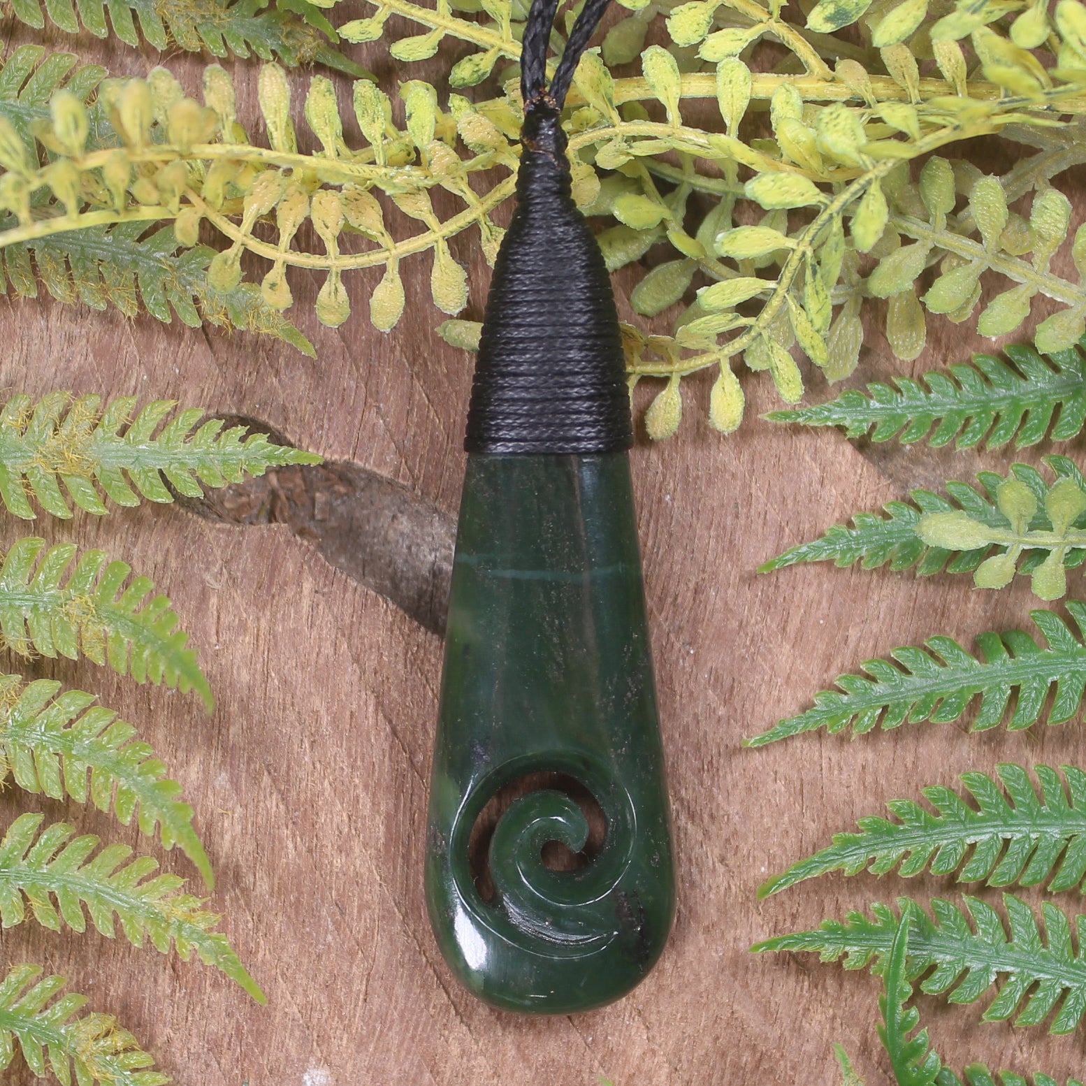 Roimata or Teardop with Koru carved from Kawakawa Pounamu - NZ Greenstone