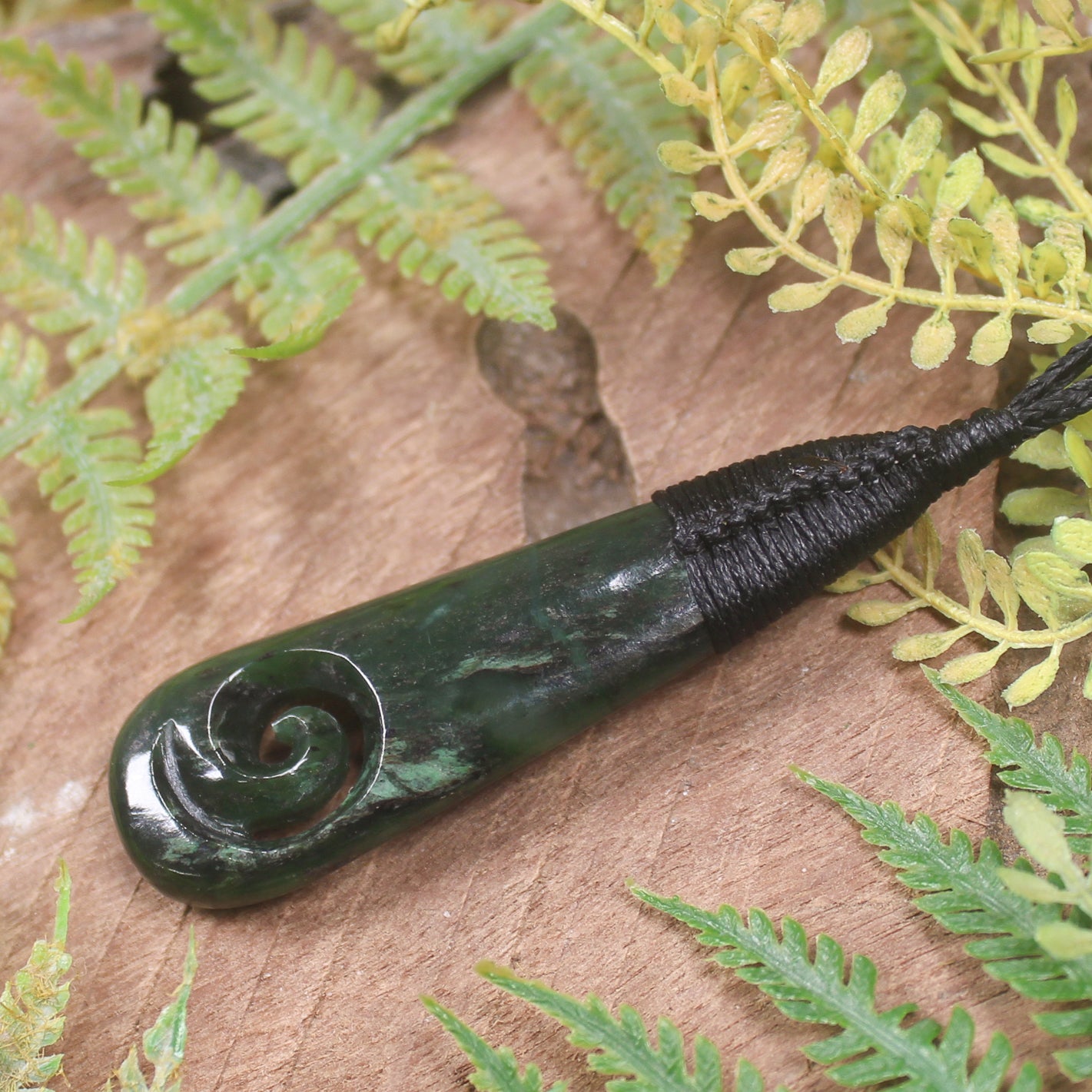 Roimata or Teardop with Koru carved from Kawakawa Pounamu - NZ Greenstone