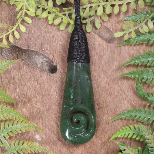Roimata or Teardop with Koru carved from Kawakawa Pounamu - NZ Greenstone