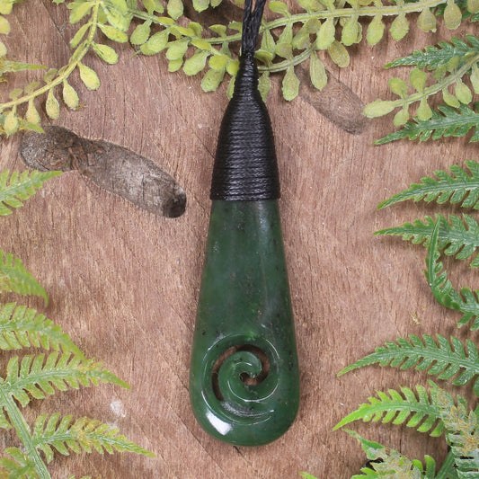 Roimata or Teardop with Koru carved from Kawakawa Pounamu - NZ Greenstone