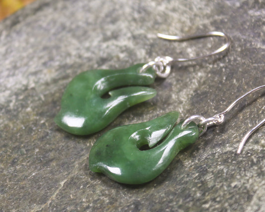 Matau or Fish Hook Earrings carved from Hapopo Pounamu - NZ Greenstone