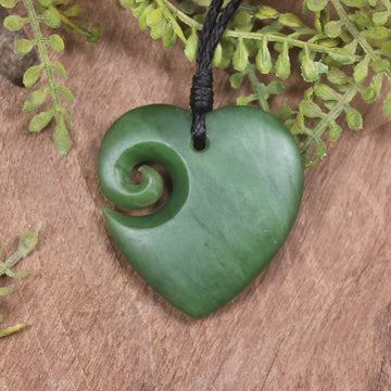 Heart with Koru carved from Hapopo Pounamu - NZ Greenstone