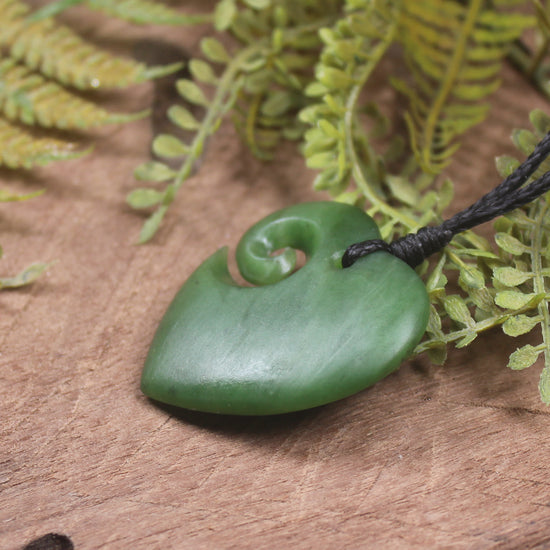 Heart with Koru carved from Hapopo Pounamu - NZ Greenstone
