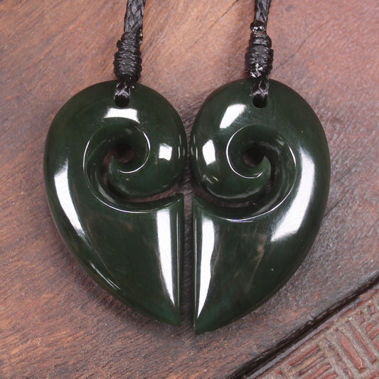 Koru Heart pendant carved from Kawakawa Pounamu - NZ Greenstone
