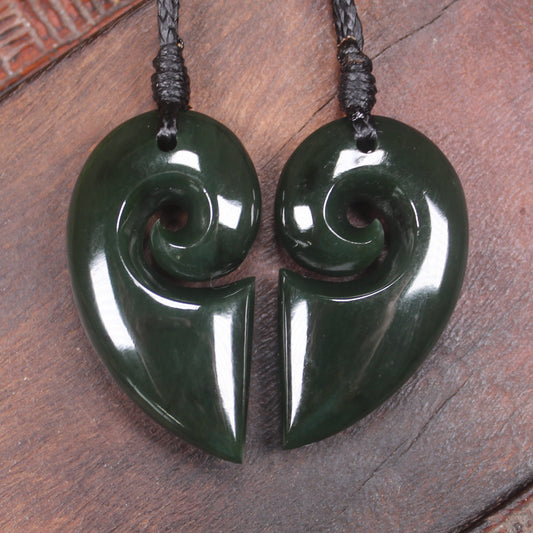 Koru Heart pendant carved from Kawakawa Pounamu - NZ Greenstone