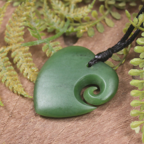 Heart with Koru carved from Hapopo Pounamu - NZ Greenstone
