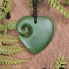 Heart with Koru carved from Hapopo Pounamu - NZ Greenstone