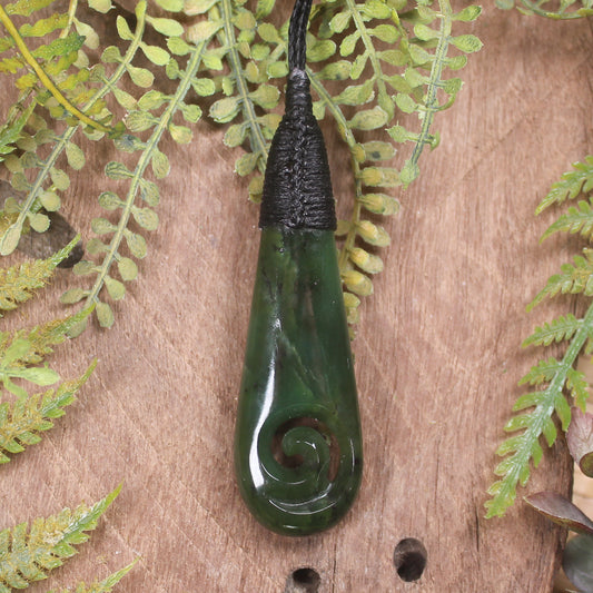 Roimata or Teardrop with Koru carved from Kawakawa Pounamu - NZ Greenstone