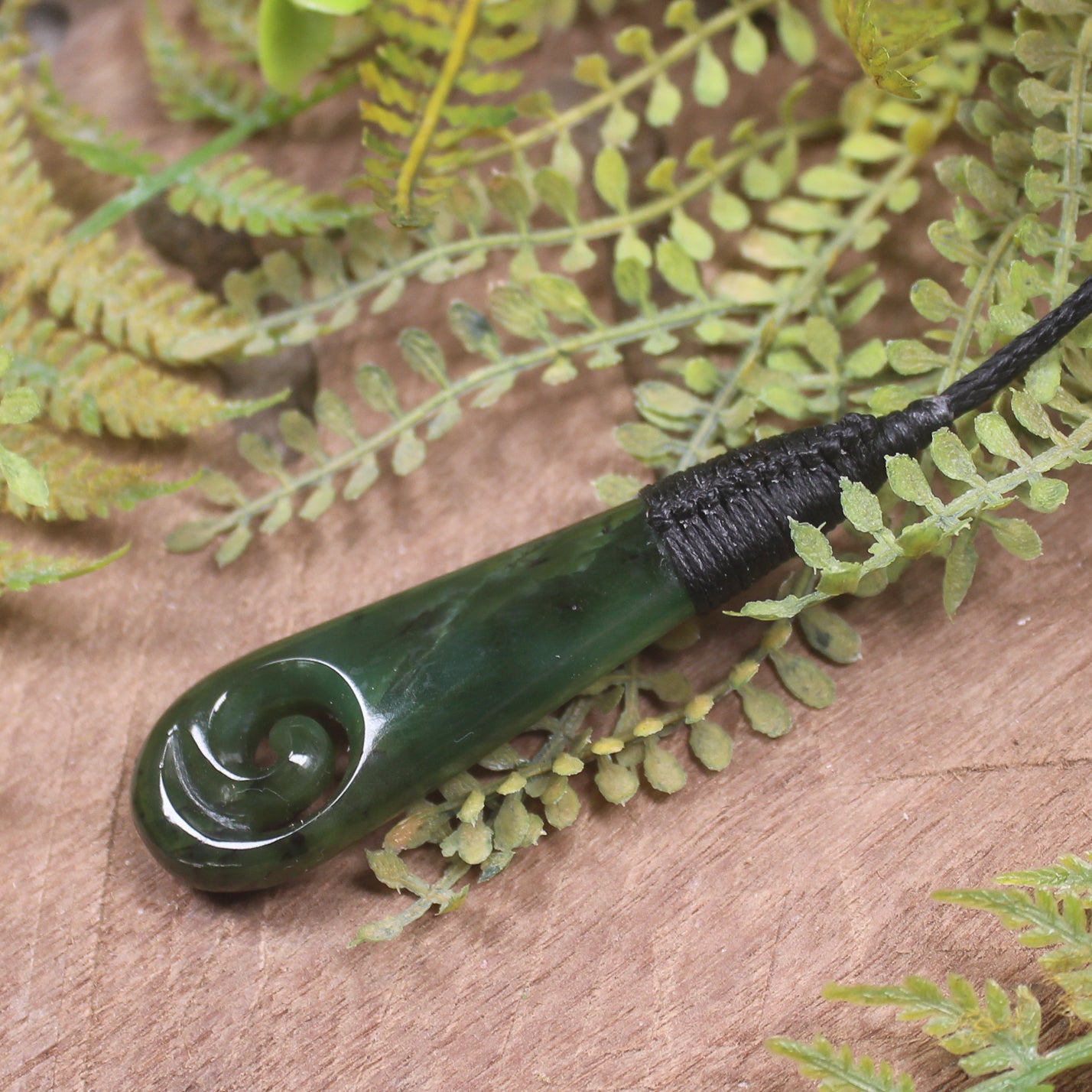 Roimata or Teardrop with Koru carved from Kawakawa Pounamu - NZ Greenstone