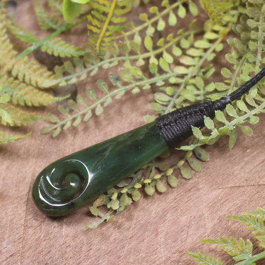 Roimata or Teardrop with Koru carved from Kawakawa Pounamu - NZ Greenstone