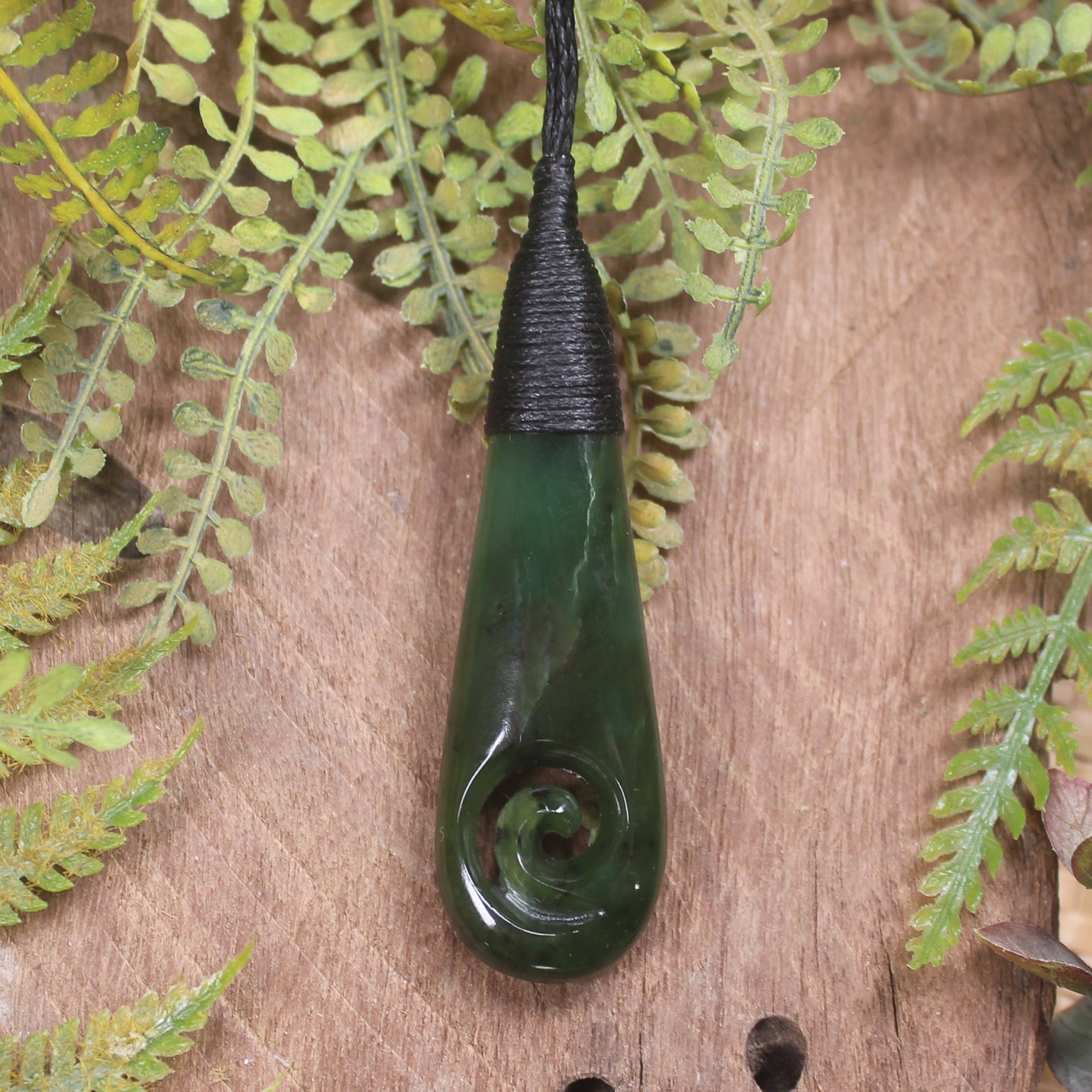 Roimata or Teardrop with Koru carved from Kawakawa Pounamu - NZ Greenstone
