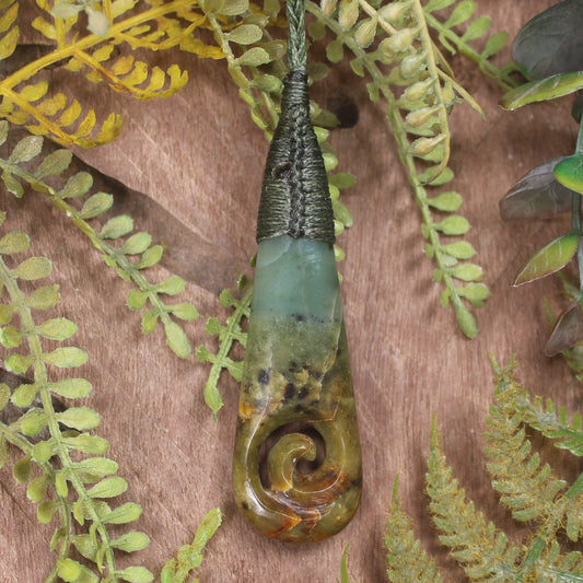 Roimata or Teardop with Koru carved from Flower Jade Pounamu - NZ Greenstone