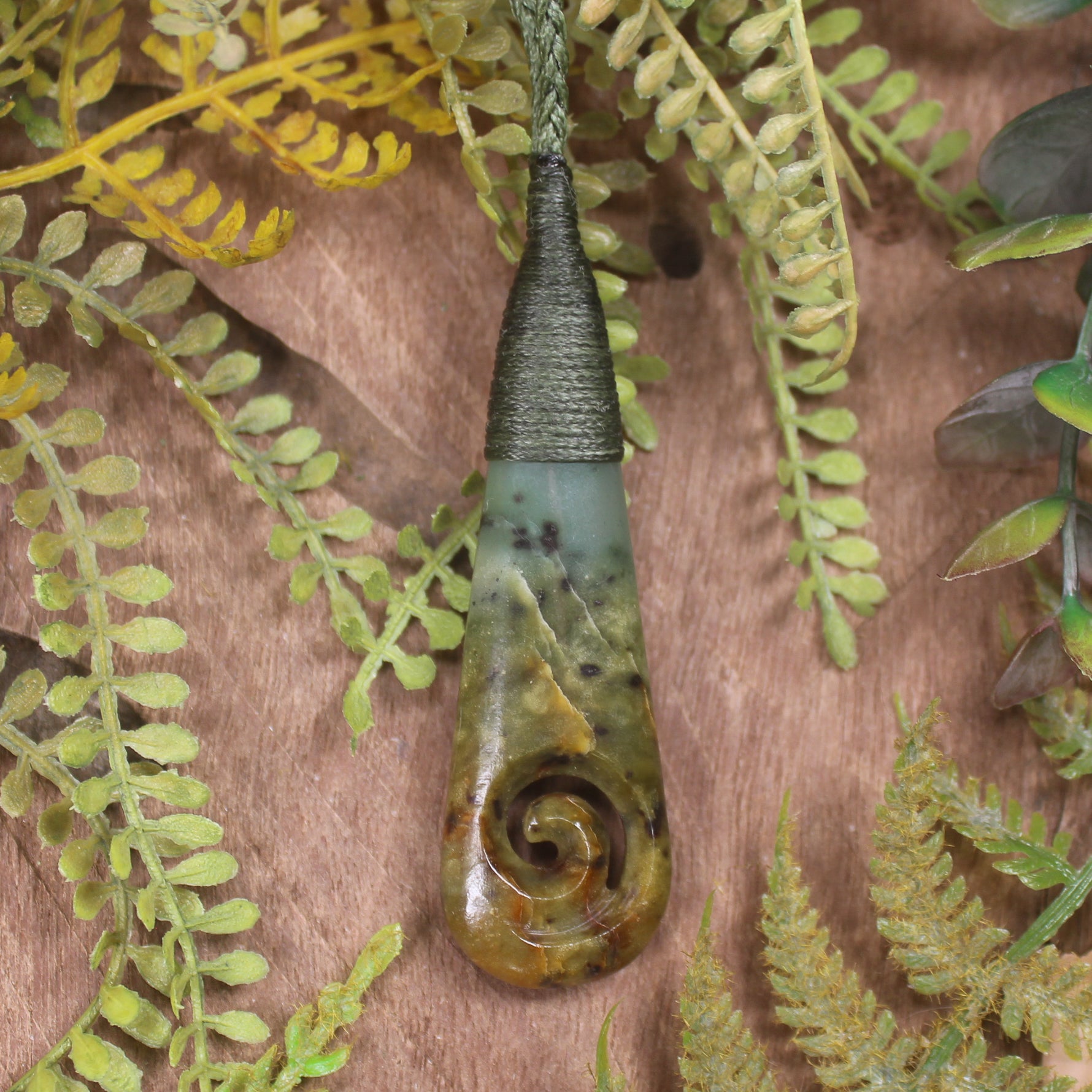 Roimata or Teardop with Koru carved from Flower Jade Pounamu - NZ Greenstone