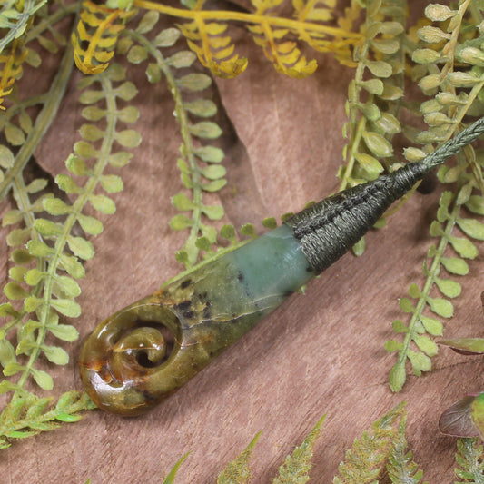 Roimata or Teardop with Koru carved from Flower Jade Pounamu - NZ Greenstone