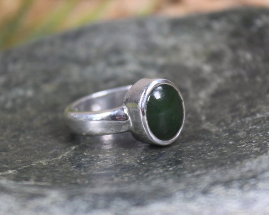 Sterling Silver Kawakawa Pounamu Ring - NZ Greenstone