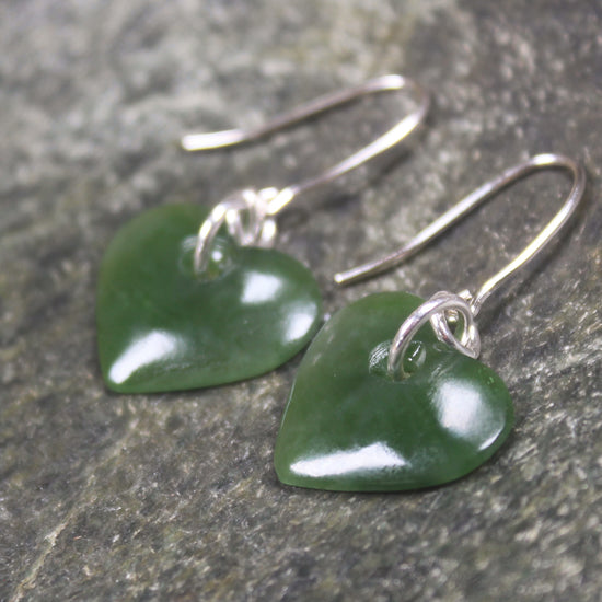 Heart Earrings carved from Hapopo Pounamu - NZ Greenstone