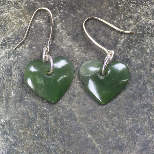 Heart Earrings carved from Hapopo Pounamu - NZ Greenstone