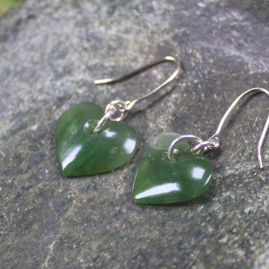 Heart Earrings carved from Hapopo Pounamu - NZ Greenstone
