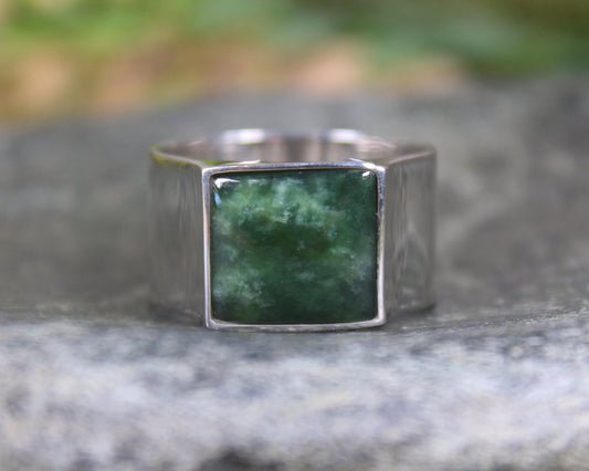 Sterling Silver Kawakawa Pounamu Ring - NZ Greenstone