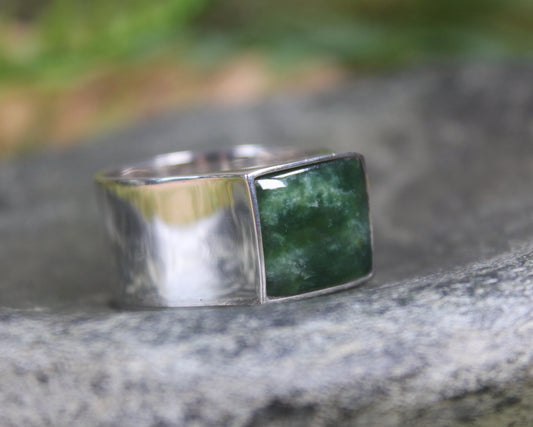Sterling Silver Kawakawa Pounamu Ring - NZ Greenstone