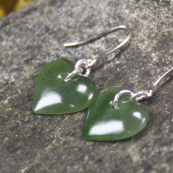 Heart Earrings carved from Hapopo Pounamu - NZ Greenstone