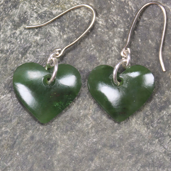 Heart Earrings carved from Kawakawa Pounamu - NZ Greenstone