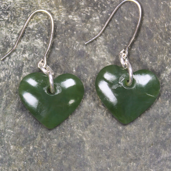 Heart Earrings carved from Kawakawa Pounamu - NZ Greenstone