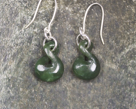 Twist Earrings carved from Kawakawa Pounamu - NZ Greenstone
