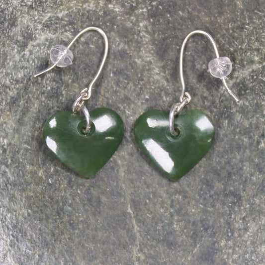 Heart Earrings carved from Kawakawa Pounamu - NZ Greenstone