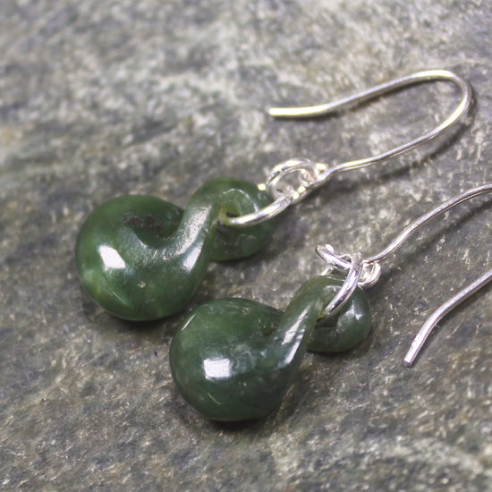 Twist Earrings carved from Kawakawa Pounamu - NZ Greenstone