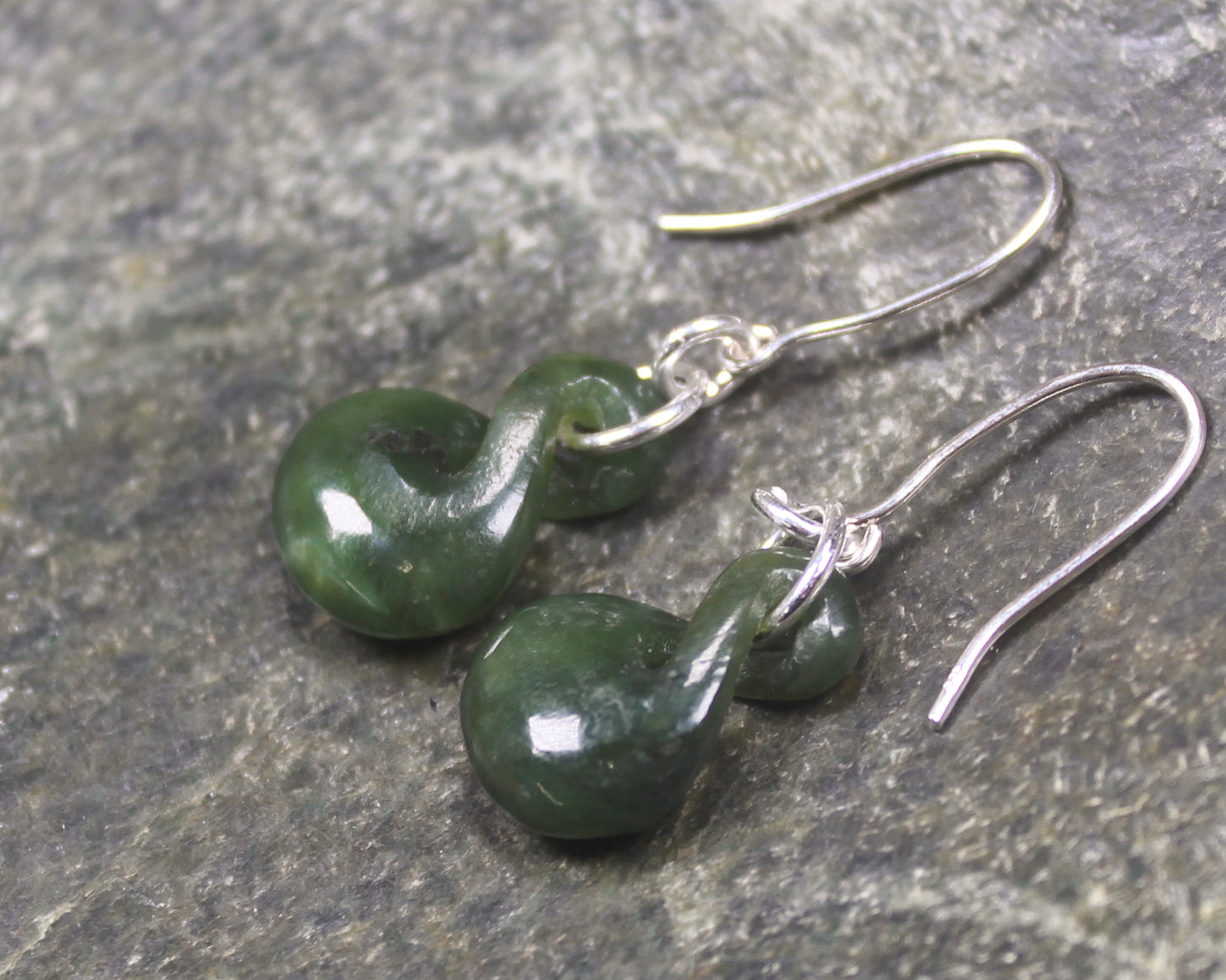 Twist Earrings carved from Kawakawa Pounamu - NZ Greenstone
