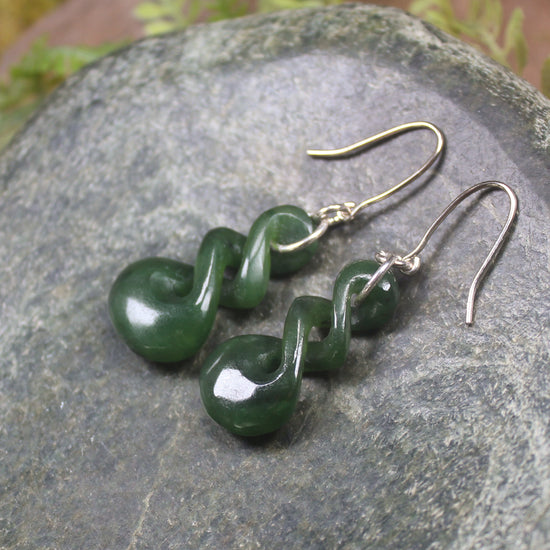 Twist Earrings carved from Kawakawa Pounamu - NZ Greenstone