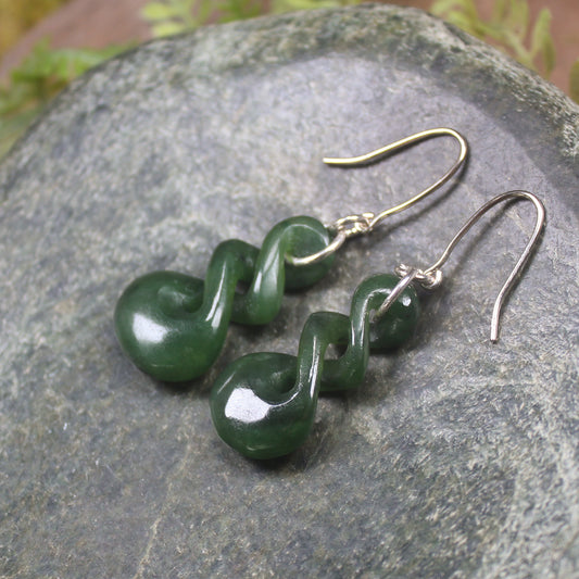 Twist Earrings carved from Kawakawa Pounamu - NZ Greenstone