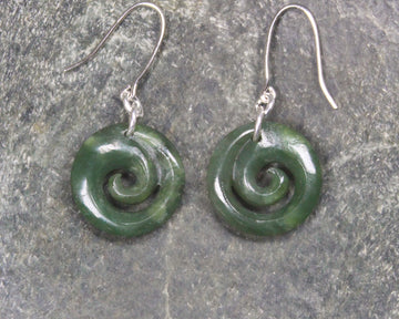 NZ Greenstone Koru Earrings (BM277) Hapopo Pounamu