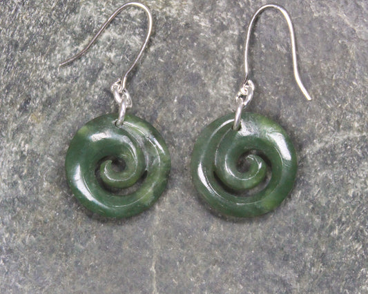 NZ Greenstone Koru Earrings (BM277) Hapopo Pounamu