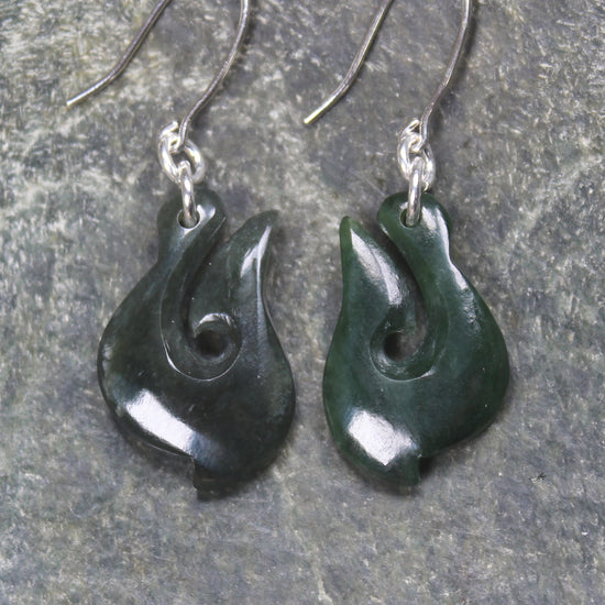 Matau or Fish Hook Earrings carved from Kawakawa Pounamu - NZ Greenstone