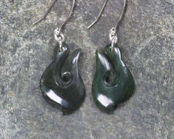 Matau or Fish Hook Earrings carved from Kawakawa Pounamu - NZ Greenstone