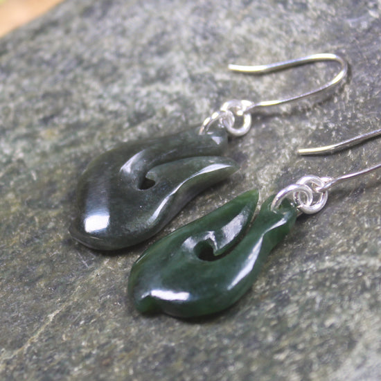 Matau or Fish Hook Earrings carved from Kawakawa Pounamu - NZ Greenstone