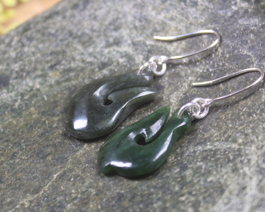 Matau or Fish Hook Earrings carved from Kawakawa Pounamu - NZ Greenstone