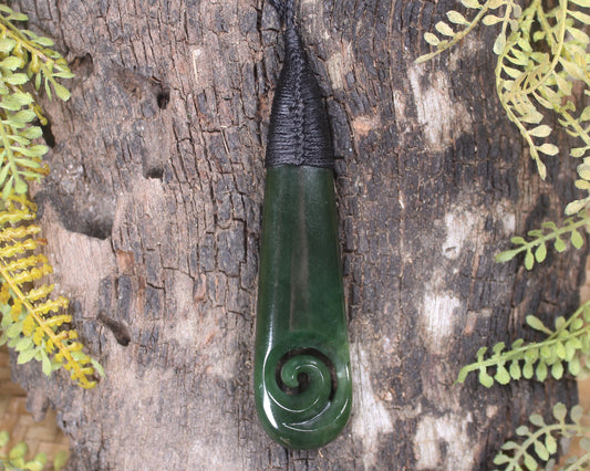 Roimata or Teardop with Koru carved from Kawakawa Pounamu - NZ Greenstone