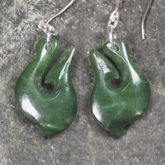 Matau or Fish Hook Earrings carved from Hapopo Pounamu - NZ Greenstone
