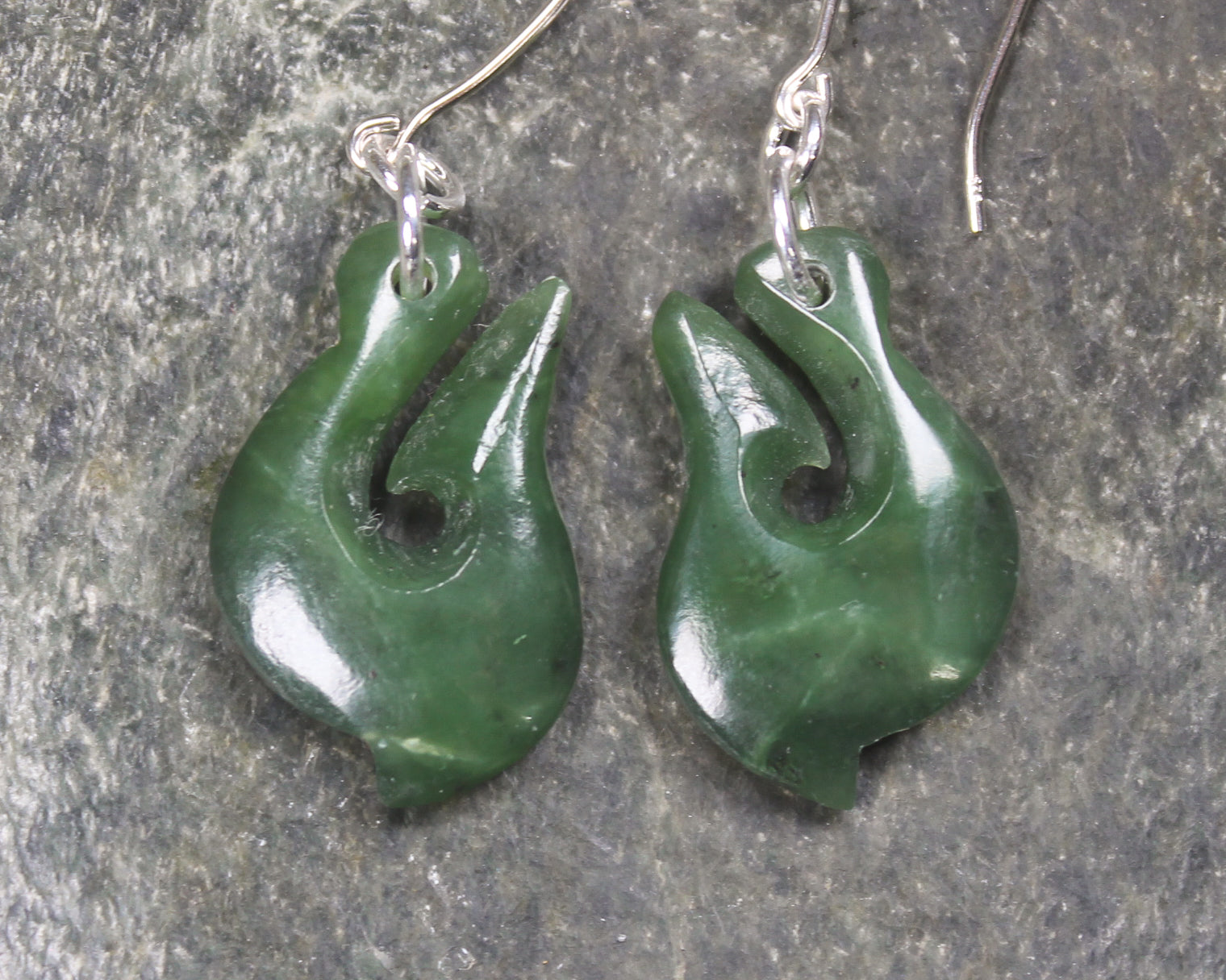 Matau or Fish Hook Earrings carved from Hapopo Pounamu - NZ Greenstone