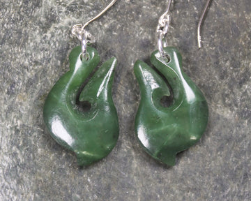 Matau or Fish Hook Earrings carved from Hapopo Pounamu - NZ Greenstone