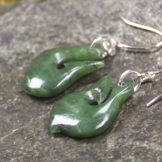 Matau or Fish Hook Earrings carved from Hapopo Pounamu - NZ Greenstone
