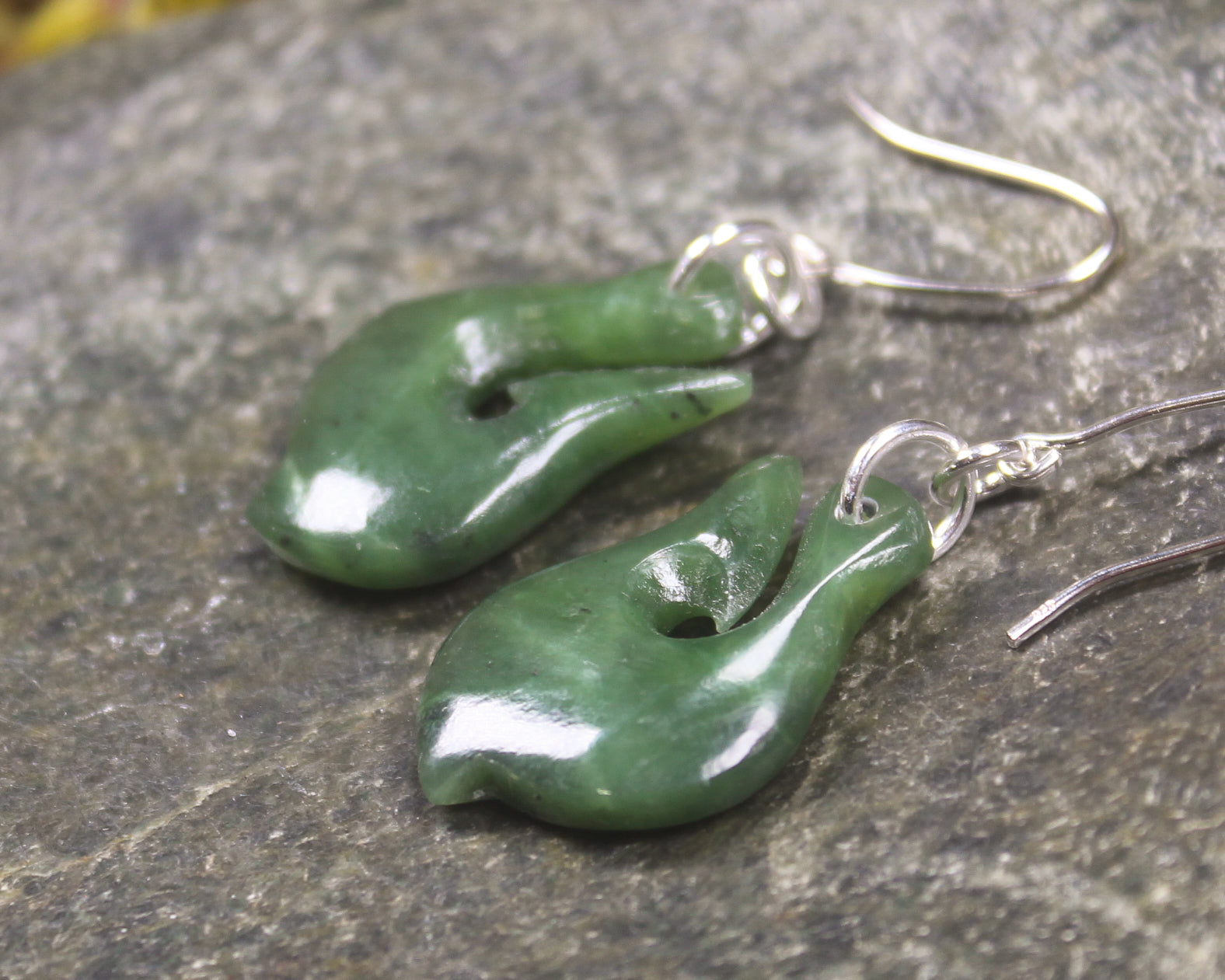 Matau or Fish Hook Earrings carved from Hapopo Pounamu - NZ Greenstone