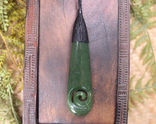 Roimata or Teardop with Koru carved from Kawakawa Pounamu - NZ Greenstone