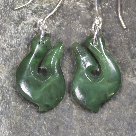 Matau or Fish Hook Earrings carved from Hapopo Pounamu - NZ Greenstone