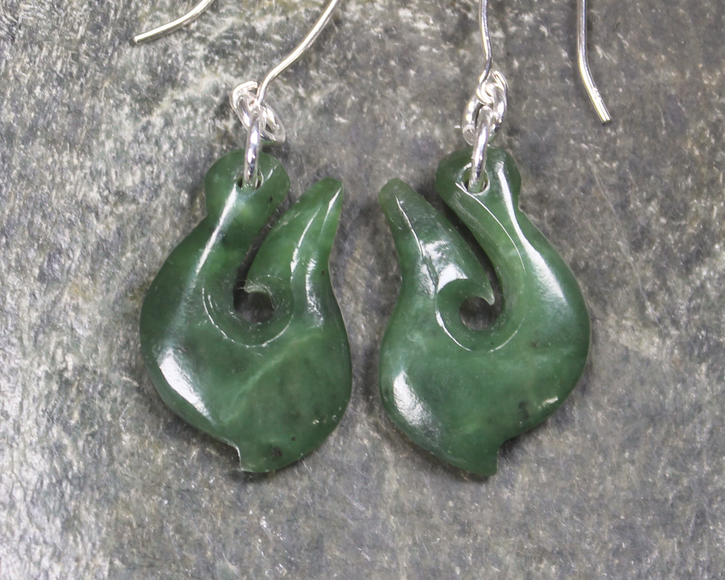 Matau or Fish Hook Earrings carved from Hapopo Pounamu - NZ Greenstone