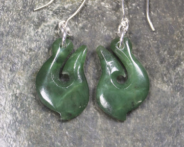 Matau or Fish Hook Earrings carved from Hapopo Pounamu - NZ Greenstone