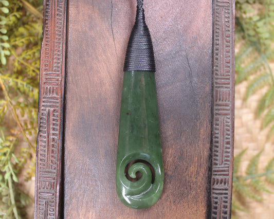 Roimata or Teardop with Koru carved from Kawakawa Pounamu - NZ Greenstone
